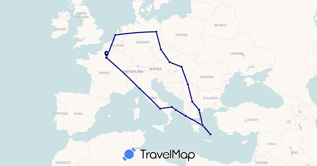 TravelMap itinerary: driving in Austria, Czech Republic, Germany, France, Greece, Hungary, Italy, Macedonia, Netherlands, Serbia (Europe)